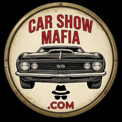 The Car Show Mafia coin — a brass-rimmed round seal: a black SS muscle car head-on under the words Car Show Mafia, a fedora and sunglasses below, then .com